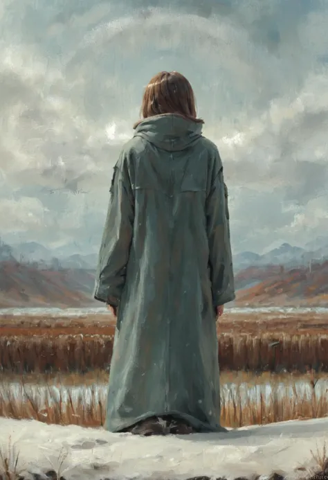 (by Chris Uminga:0.9), 3 people 
 , painting, In the heart of a vast, dense field, a woman with long brown hair and bright brown...