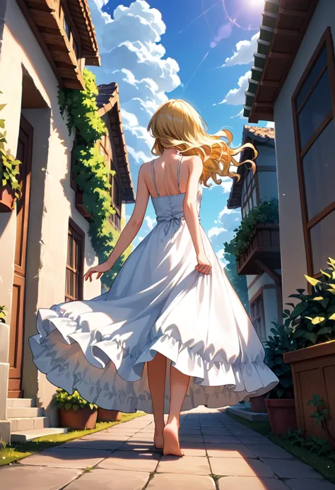 (Punktzahl_9, Punktzahl_8_hoch, Punktzahl_7_hoch), Quelle_Anime-Serie, kawaii waifu, Blondes Haar, welliges Haar, Sommerkleid, hyperausführlich, Einzelheiten, captivating Einzelheiten, intricate Einzelheiten, max Einzelheiten, ausführlich, Ganzkörper, hinterrücks, weit weg rennen,,