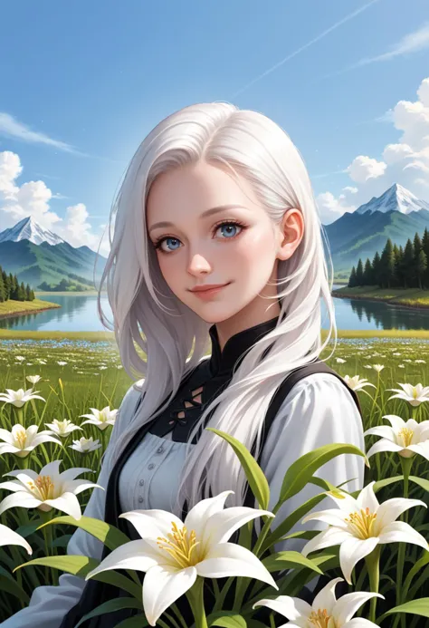 ((score_9), score_8_up, score_7_up), score_6_up, score_4_up, score_5_up, artful dreamy masterpiece, 1girl,  A close-up of a woman with flowing white hair and gentle eyes, a serene smile gracing her lips as she sits peacefully in a field of lilies overlooking a tranquil mountain lake. (portrait, closeup, anime, white hair, serene, field of flowers, lilies, mountains, lake)