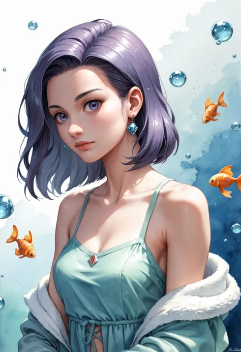 score_9, score_8_up, score_7_up, score_6_up, score_5_up, score_4_up,  Studio Ghibli aesthetic, watercolor style: A young woman with cascading, raven hair kneels by a crystal-clear stream, mesmerized by a playful group of koi fish adorned with shimmering scales. Capture the delicate brushstrokes and vibrant colors of a watercolor painting.