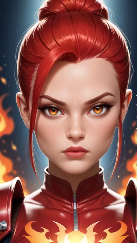 ((score_9), score_8_up, score_7_up), score_6_up, score_4_up, score_5_up, 1girl, A close-up portrait of a valiant anime knight with fiery red hair styled in a short, spiky cut. Her eyes blaze with crimson fire, reflecting the power of her dragon companion. She wears intricately crafted plate armor adorned with the scales of a dragon and a glowing red dragon crest on her chest. A determined expression hardens her features, a hint of smoke curling from her lips.