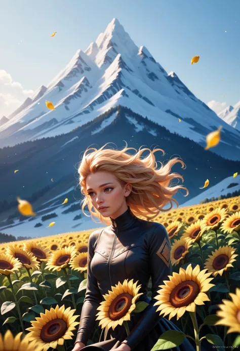 ((score_9), score_8_up, score_7_up), score_6_up, score_4_up, score_5_up, artful dreamy masterpiece, 1girl,  Ethereal: A Black woman with short, windswept hair, eyes sparkling with wonder, framed by a field of vibrant sunflowers against a backdrop of snow-capped mountains.