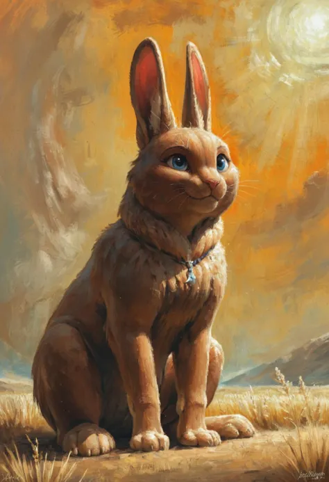 Tim Hildebrandt 
 , painting, A magnificent painting depicts a rabbit sitting upright against a backdrop of rolling hills and lu...