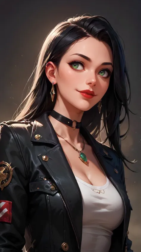 concept art, dark theme, low light, ((score_9), score_8_up, score_7_up), score_6_up, score_4_up, score_5_up, 1girl, solo, jewelry, watch, long hair, wristwatch, earrings, green eyes, necklace, black jacket, grey hair, jacket, closed mouth, upper body, looking to the side, black hair, lips, choker, hair behind ear, sketch, looking away, stud earrings, red lips, smile, makeup, 