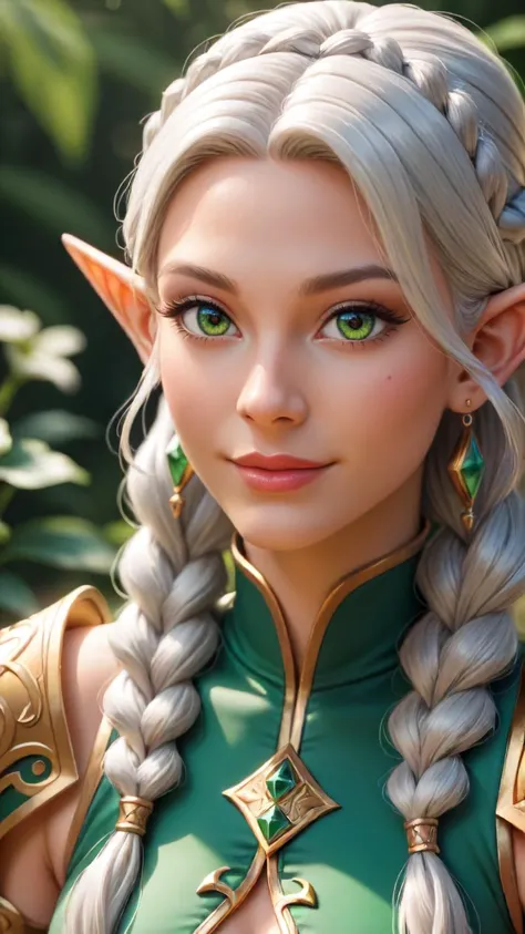 ((スコア_9), スコア_8_上, スコア_7_上), スコア_6_上, スコア_4_上, スコア_5_上, 1人の女の子, プロンプト: An anime-style close上 portrait of a beautiful elf archer with long, 複雑な編み込みと輝く宝石で飾られた流れるような銀色の髪. 彼女の目はエメラルドグリーンの光で輝いている, そして彼女の唇にはいたずらっぽい笑みが浮かんでいる. 彼女は、渦巻くエルフの模様で飾られ、金色の細工が施された露出度の高い革の鎧を着ている。. 彼女の肩には魔法の弓と光る矢が置かれている.