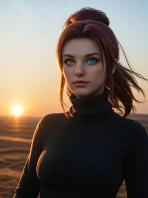 1girl, [[brigitte:triss:.4]:tsunade:.7],  freckles, heterochromia
, black velvet turtleneck
, sunset, riverbank, wind, volumetri...