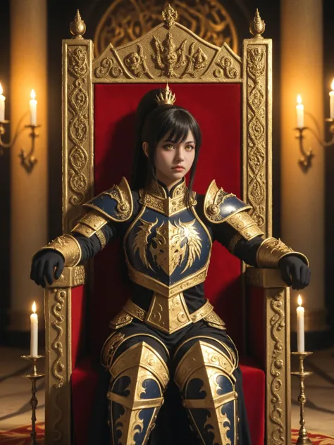 majestic warrior chinese  woman in full plate armor sitting on a throne in a throne room, her shining black armor embroided with...