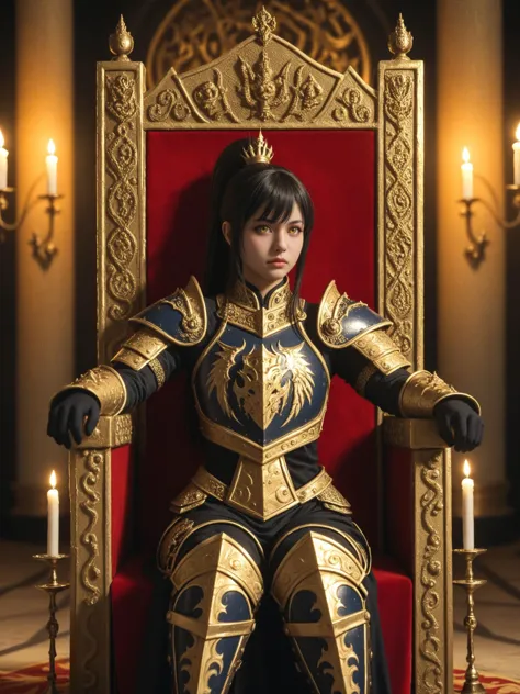 majestic warrior chinese  woman in full plate armor sitting on a throne in a throne room, her shining black armor embroided with inticate gold patterns
, black tall ponytail with side bangs, yellow eyes, perfect anatomy, wide hips, wide shoulders
, candlestand, sunset, volumetric lighting, depth of field, cinematic shot, vibrant, detailed, dramatic light