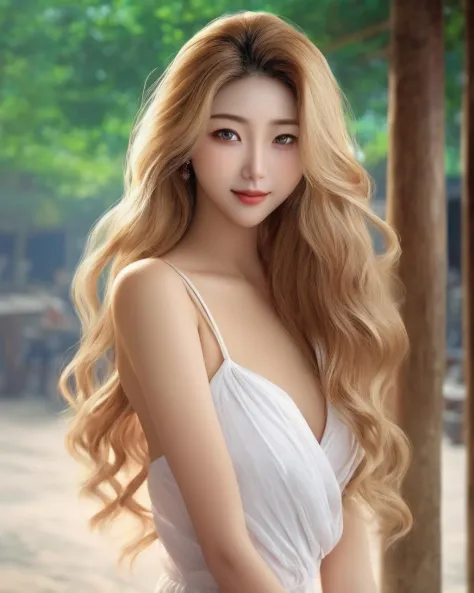best quality,masterpiece, asia women,1girl,long wavy hair,blond hair, (photorealistic:1.4),full body, looking at viewer, cheek c...