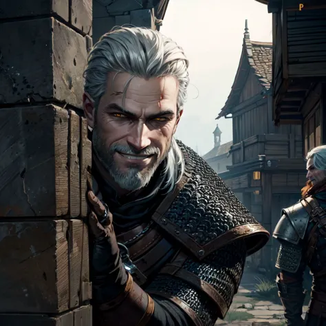 IncrsAnyasJehCaraMeme, sonrisa, presumido, asomando por la parte superior del cuerpo, Geralt_alma3142, 1 hombre, barba, Ojos amarillos, pelo blanco, armadura, cota de malla 