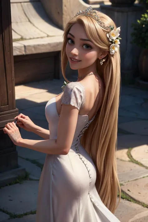 woman, <lora:Wrise_Rapunzel:0.4>, rapunzel, (long hair:1.4), (very long hair:1.45), (absurdly long hair:1.5), blonde hair, smile...