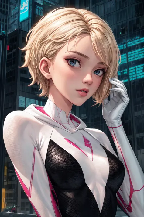 (masterpiece, top quality, best quality, official art, beautiful and aesthetic:1.2),highly detailed face,1girl,gwen_stacy, (portrait:1.3),<lora:gwen_1.5:0.6>, spider-gwen suit , bodysuit , superhero,(extremely detailed,highres, highest detailed,8k,absurdres,CG),cyberpunk city, <lora:add_detail:1>, happy