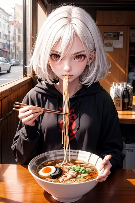 1girl, (medium hair:1.1), (messy hair:1.2) (white hair:1.1) (hair over eyes:1.2), (sharp eyes:1.1) (bright red eyes:1.3), (snake eyes:1.1)  wear (oversized black hoodie:1.1), seated (eating ramen with chopsticks:1.1) 