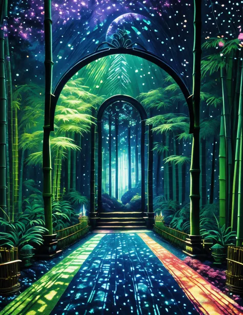 DonMChr0m4t3rr4 Fairy Glade Sanctuary, Bedsheets, Bamboo Flooring and Tapestry with Collage tapestry, Moonlight, Rim Lighting, f...