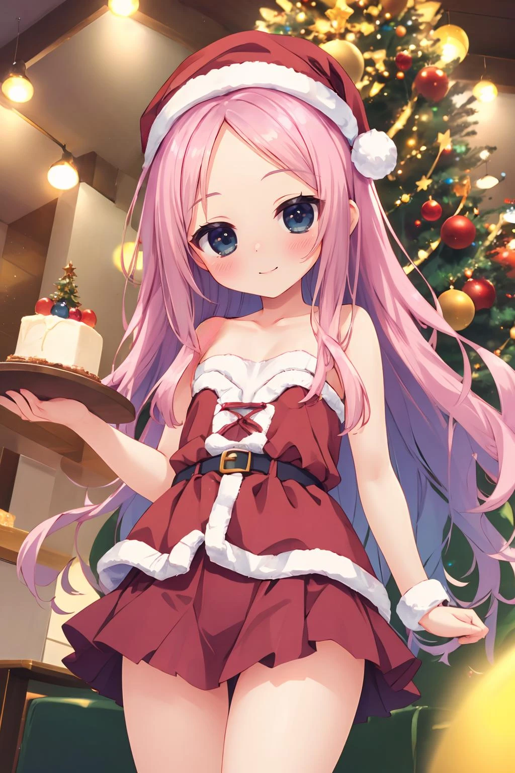 16k, highres, masterpiece, best quality, 
cinematic film still, 
a pinup of a girl, patissier,smile, Christmas tree, decoration,  megami magazine, from below, 
1girl, szn, short , long hair, parted bangs, forehead, flat chest, santa costume, microskirt, strapless, collarbone, thighs, , 
shallow depth of field, vignette, highly detailed, high budget, bokeh, cinemascope, moody, epic, gorgeous,
film grain, grainy,