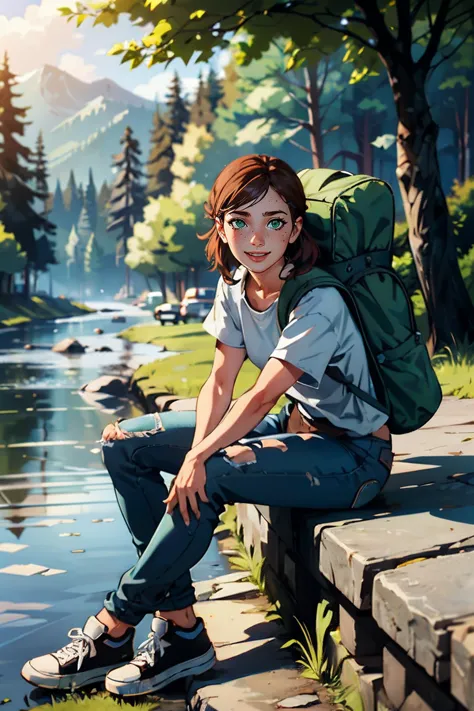 TLOU2Элли, коричневые волосы, зеленые глаза, рубашка, рюкзак, джинсы, обувь, смотрю на зрителя, серозный, улыбается, сидящий, На скале, снаружи, лес, река, деревья, ноги скрещены, высокое качество, шедевр, 