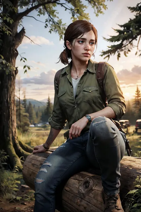 candid shot, TLOU2Ellie, brown hair, green eyes, shirt, jeans, looking serous, parted lips, sitting, on log, outside, woods, trees, sunset, high quality, masterpiece, <lora:TLOU2Ellie:.7>