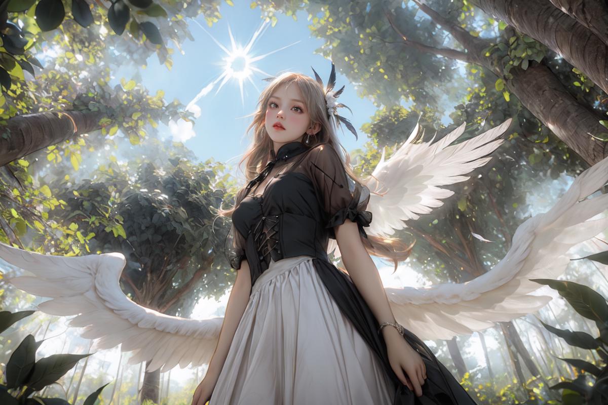 Anime girl with white wings in a forest - SeaArt AI