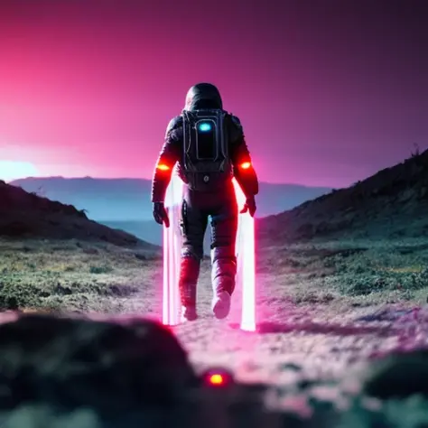 a photo of death stranding scenery, scifi style,anatomically correct human male figure in astronaut suit in field,helmet glowing...