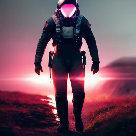 a photo of death stranding scenery, scifi style,anatomically correct human male figure in astronaut suit in field,helmet glowing pink, dynamic lighting, atmosphere  lighting, hyper detail features, ray tracing, high flare, 3D, cinematic lighting, dark shadows, unrealistic Engine 5 rendering, hyper detail,trending on artstation, 4k,extremely high details, ultra hd, hdr, 8k, extremely high details