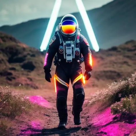 neon-ground-astronaut scifi style,a human male man figure in astronaut suit in field,helmet glowing pink, dynamic lighting, atmo...