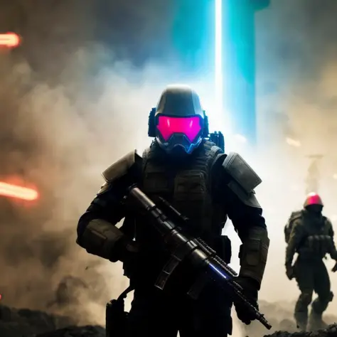 photo of very futuristic cinematic science-fiction battle scene, ultra realistic, battlefield full of gunsmoke, foggy, deep dark...