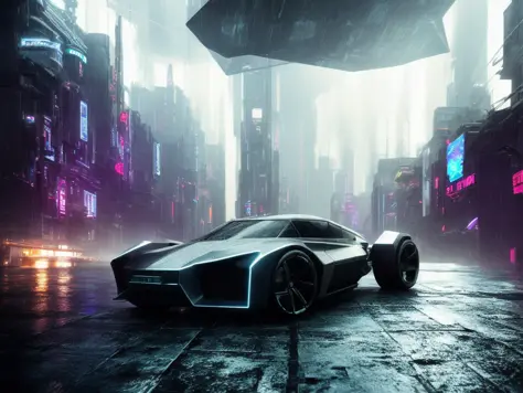 Photo sombre d'une seule voiture volante cyberpunk à texture métallique futuriste avec un paysage cyberpunk futuriste, art conceptuel cinématographique,couleur cyberpunk, chef-d&#39;œuvre, Jour de pluie, Suivi des rayons, RTX, complexe, 3D, très détaillé, tendance sur artstation, 4k,détails extrêmement élevés, Ultra HD, HDR, 8k, détails extrêmement élevés