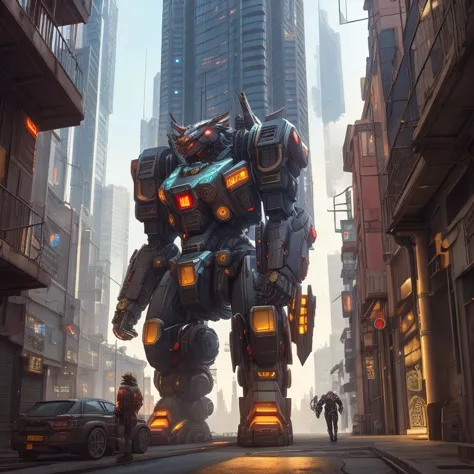 colossal, manticore, chimera, minotaur, futuristic cityscape, mech suit, cyberpunk alleyway