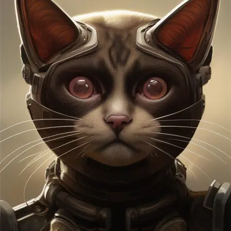 aSnowshoe Siamese Cat as the doomslayer, realistic scifi cyberpunk power armor robot, closeup portrait art by donato giancola and greg rutkowski, vintage retro scifi, realistic face, digital art, trending on artstation, symmetry