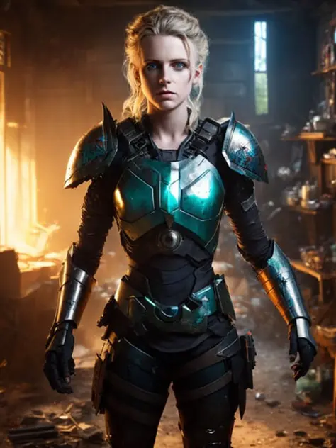 dark and gloomy full body 8k unity render, female teen cyborg, Blue yonder hair, wearing broken battle armor, at cluttered and m...