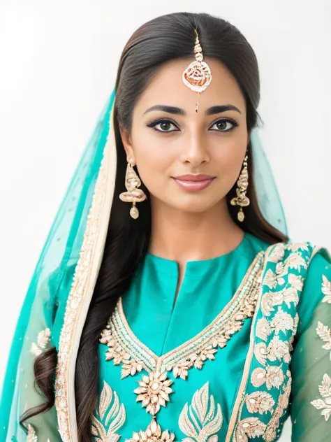 professional portrait photo, fully dressed, stunning looking, 25-year-old, wearing intricate turquoise anarkali suit, simple whi...