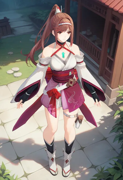 score_9, score_8_up, score_7_up, 1girl, solo, full body, standing, halterneck kimono, black choker, wide sleeves, white belt, white footwear, pink skirt, fingerless elbow gloves, thigh belt, thigh pouch, brown eyes, chest jewel, glimmer, ponytail, hairband, outdoors  <lora:glimmer xl 044 fro 95:1>