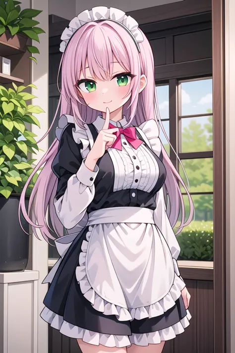 insanely detailed, absurdres, ultra-highres, ultra-detailed, best quality,
1girl, solo, nice hands, perfect hands,
BREAK
apron, blush, bow, bowtie, frilled apron, frills, long sleeves, maid, maid apron, maid headdress, waist apron, white apron
BREAK
smile, closed mouth
BREAK
finger to mouth, index finger raised, shushing, cowboy shot, looking at viewer,
BREAK
slender, kawaii, perfect symmetrical face, ultra cute girl, ultra cute face, ultra detailed eyes, ultra detailed hair, ultra cute, ultra beautiful,
BREAK
day, flower, ivy, leaf, indoors, open door, plant, potted plant, vines, window,
BREAK
white (pink:1.2) hair, green eyes, long hair, medium breasts, bangs, eyebrows visible through hair,