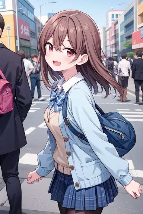 anime girl walking across a busy street with a backpack on her back