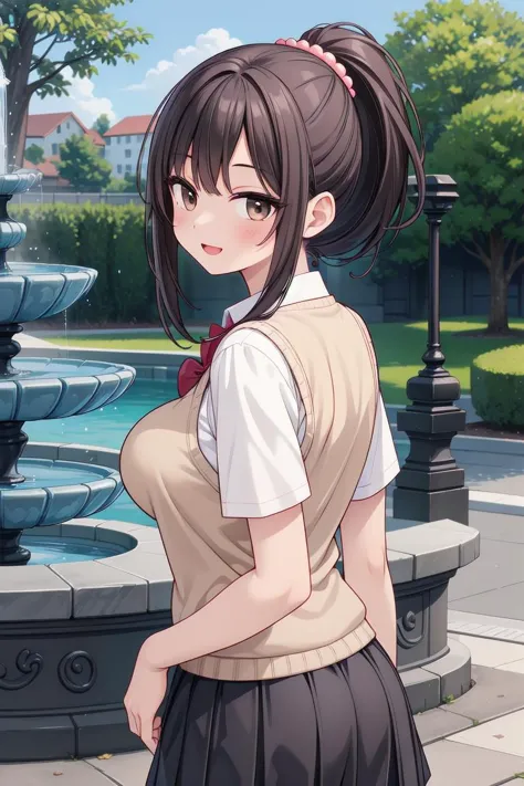 anime girl in school uniform standing in front of a fountain