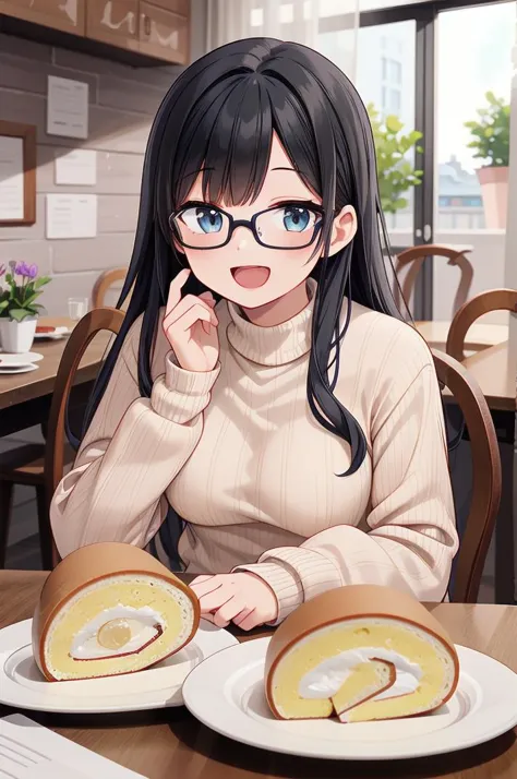 anime girl with glasses sitting at a table with two plates of food