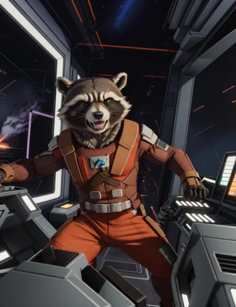 raccoon boy, portrait, anthro, rocketraccoon, solo, orange pants and shirt, (best quality, masterpiece:1),  action pose, detailed,  short tail, furry male anthro, looking at viewer,  angry, <lora:rocketraccoon-v1-locon:1>, (photorealistic:1.4), (best quali...