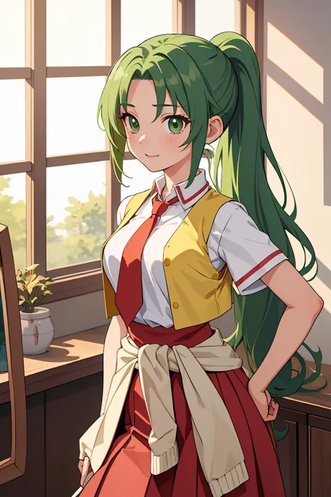 (obra maestra, mejor calidad), 1 chica,   Mion Sonozaki, ojos verdes, cola de caballo, || Camisa blanca, corbata roja, chaleco amarillo, falda roja, camiseta amarilla,ropa alrededor de la cintura, vaqueros