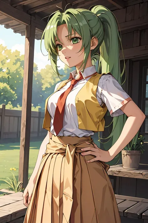 (obra maestra, mejor calidad), 1 chica,   Mion Sonozaki, ojos verdes, cola de caballo, || Camisa blanca, corbata roja, chaleco amarillo, falda roja, camiseta amarilla,ropa alrededor de la cintura, vaqueros