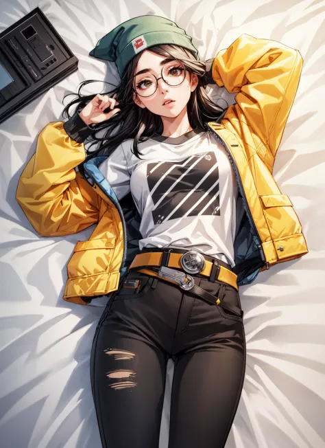 1girl,(adult:1.3),(25 years),(2),(asian girl),(asian face:1.2),,killjoy,green beanie, round glasses, yellow jacket, grey shirt, belt, (black pants:1.2), torn clothes,lay,laying,laying on bed,(from above:1.2),expresionless,masterpiece,extremely detailed CG unity 8k wallpaper, best quality,32k,focus sharp, 