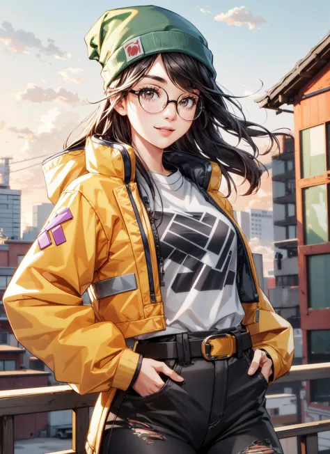 1girl,(adult:1.3),(25 years),(25 years old),(asian girl),(asian face:1.2),,killjoy,green beanie, round glasses, yellow jacket, grey shirt, belt, (black pants:1.2), torn clothes,standing,smile,smiling,(ruins),(hands on pockets),masterpiece,extremely detailed CG unity 8k wallpaper, best quality,32k,focus sharp, 