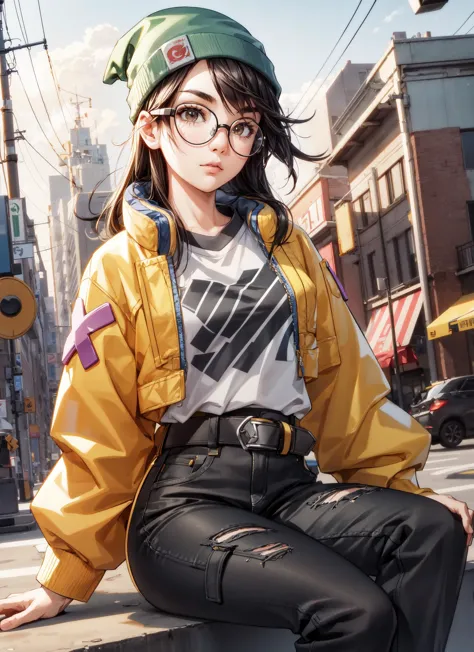 1girl,(adult),older,(asian girl),(asian face:1.2),,killjoy,green beanie, round glasses, yellow jacket, grey shirt, belt, black p...