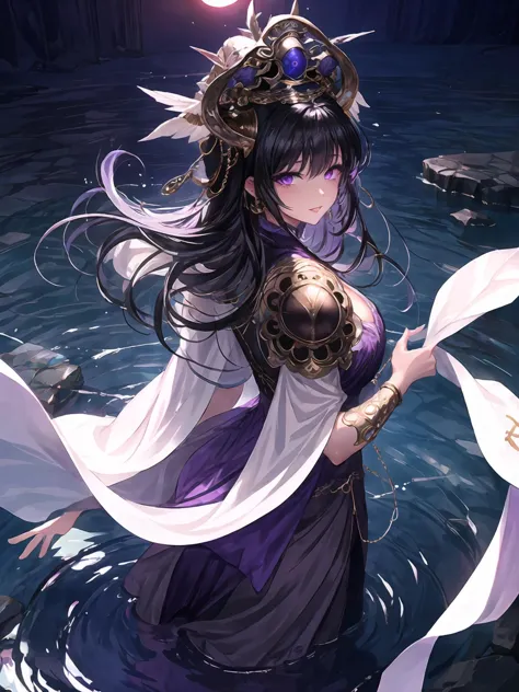 masterpiece,best quality,highres,cinematic lighting,dramatic angle,<lora:ShadowverseNephthysV1-000015:0.8:lbw=jiangshi3>,1girl,black hair,purple eyes,looking at viewer,long hair,purple dress,cleavage,hair ornament,crown,feathers,shoulder armor,gold trim,cross-laced bracelet,capelet,from behind,turning head,blush,parted lips,shaded face,glowing eyes,evil smile,standing in liquid,wading,half in water,rocks,black dark water,solar eclipse,wet,see-through,hitodama, soul flame,<lora:flat2:-0.25>