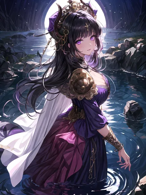 a woman in a purple dress standing in a body of water