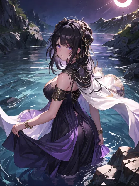 anime girl in a purple dress standing in the water