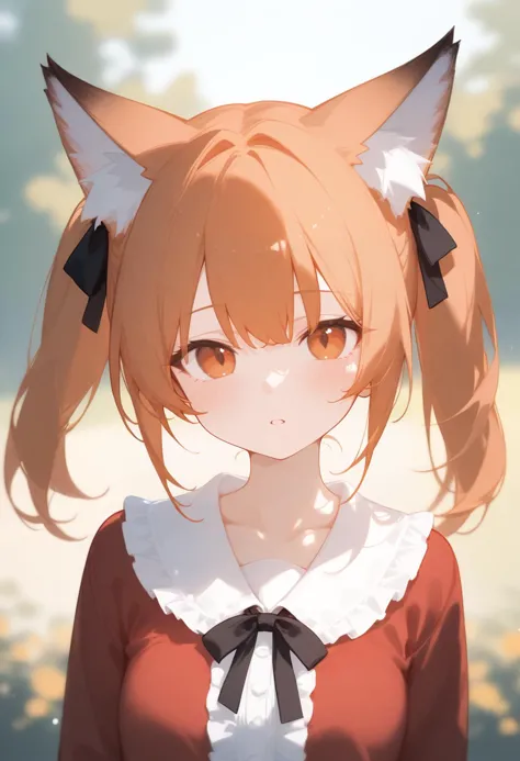 anime girl with long hair and a cat ears in a red dress