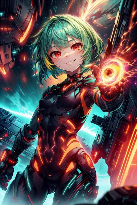 a girl in a futuristic suit holding a glowing ball