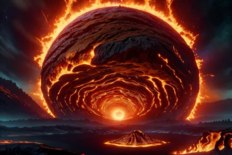 a large orange ball of fire is in the middle of a desert