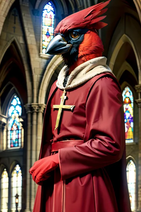 araffe in a red coat and red gloves standing in front of a stained glass window