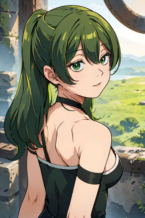 a close up of a woman with green hair and a black top